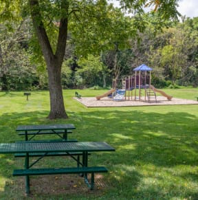 a picnic table and a playground in a park at Chinoe Creek Apartments in Lexington KY