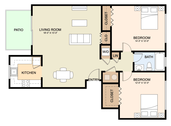 bedroom floor plan | the aspen | apartment homes for rent in pittsburgh, pa
