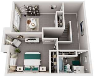 A 3D rendered image of a house layout.
