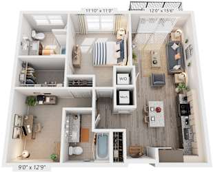 1 Bed 2 Bath Floor Plan | 991 Sq. Ft. at Rivergate in Woodbridge, Virginia