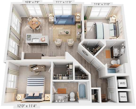 2 Bed 2 Bath Floor Plan | 1,020 Sq. Ft. at Rivergate in Virginia, 22191