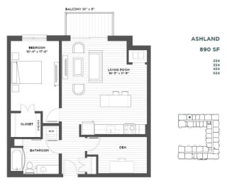 Ashland One Bedroom Floor Plan at The Hill Apartments