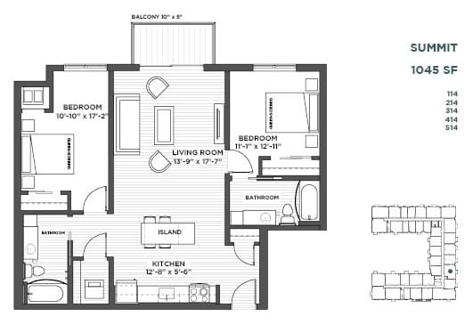 Summit Two Bedroom Floor Plan at The Hill Apartments