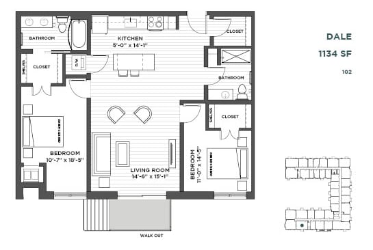 2 bedroom walkout floor plan at The Hill Apartments in st paul mn
