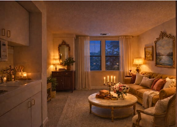 Warmly lit room with candles and elegant furnishings at Hilltop Commons Senior Living Apartments, Grass Valley, CA