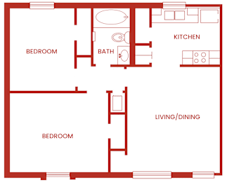 A red floor plan of a living unit type B.