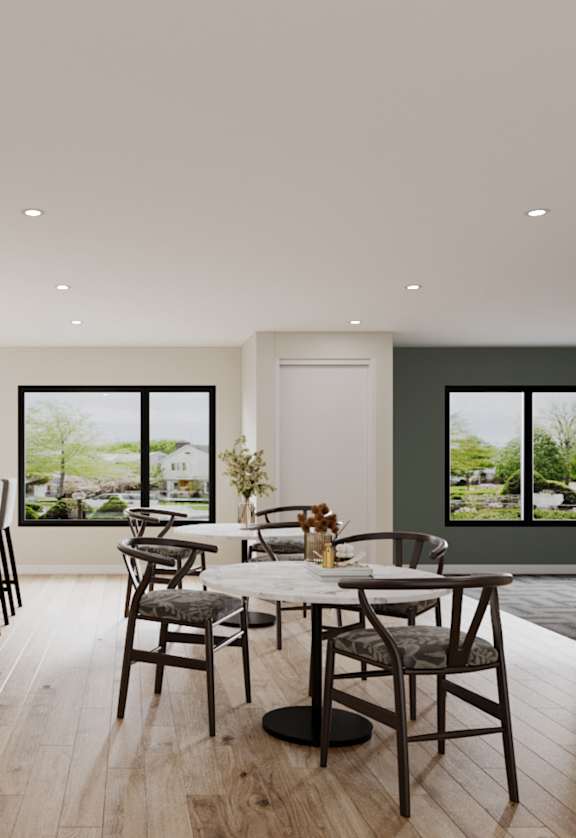 A modern dining room with a large table and chairs.