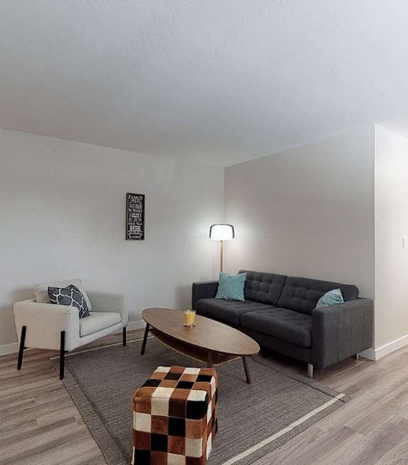 A living room with a black couch, a white chair, a coffee table, and a potted plant.
