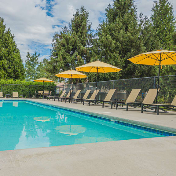 blue swimming pool with lounge seating