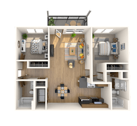 A 3D floor plan of a small apartment with a kitchen, living room, and bedrooms.
