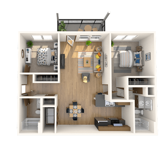 A 3D floor plan of a small apartment with a kitchen, living room, and bedrooms.