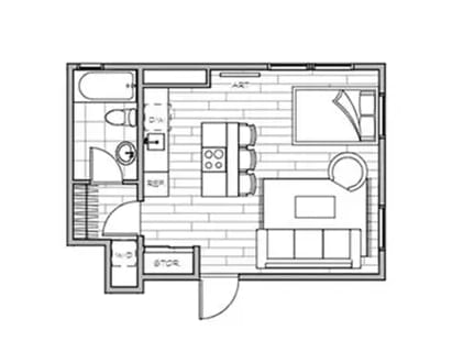 Lotus Cityline Apartments in Downtown Salt Lake City, Utah. 2D floor plan of the 413 square foot studio, 1 bath floor plan