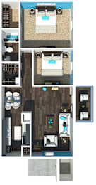 Floor Plan  3-D rendering of a two-bedroom apartment at 701 South Apartments in Mobile, AL