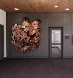 A wooden cutting board and a round wooden object are placed on a wooden shelf.