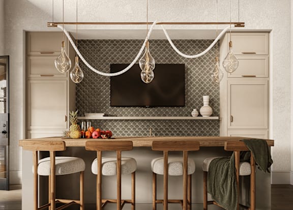 A modern kitchen with a wooden table and chairs.