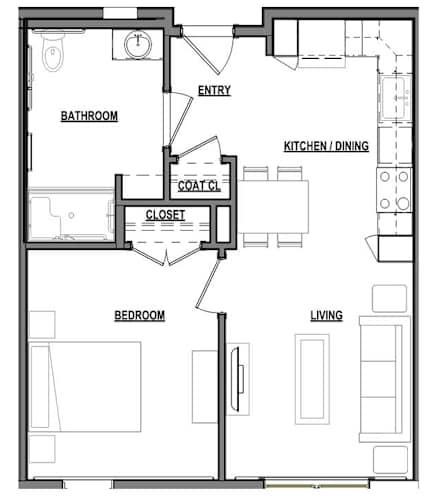 Floor Plan  One bedroom with open floor plan for space for dining and living room