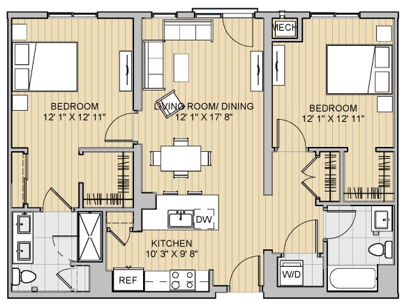 2 Bed 2 Bath 28b1050 1,050 Sq.Ft. Floor Plan at 28 Austin St, Newton, MA, 02460