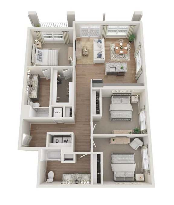 A Whitby Gin house plan shows a 3 bedroom, 2 bathroom apartment.