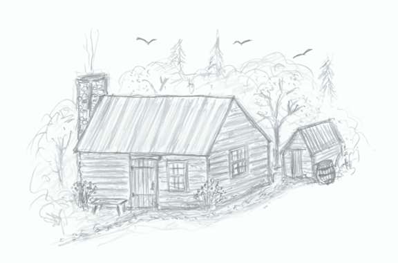 A sketch of a house surrounded by trees and birds.