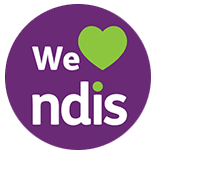 A purple circle with the words "We ndis" and a green heart in the center, indicating a registered NDIS provider.