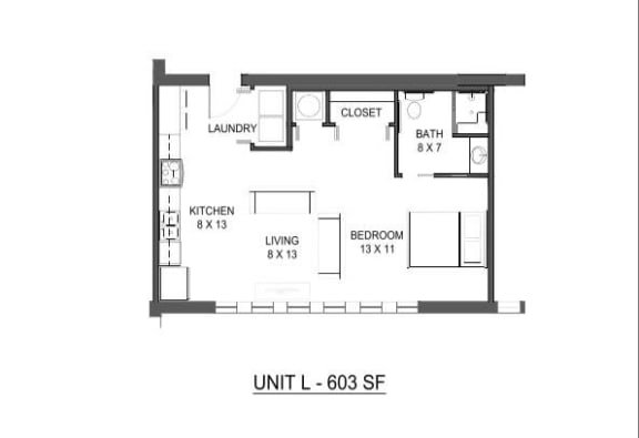 1 bedroom 1 bathroom Floor plan at The Mobile Lofts, Alabama, 36604