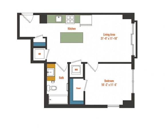 A floor plan of a house with a kitchen, bath, and bedrooms.