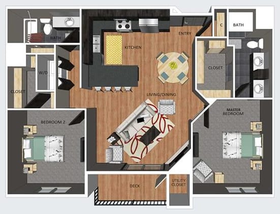 York two bedroom two bathroom floor plan at The Flats at 84