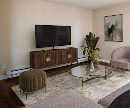 A living room with a couch, chair, and television.