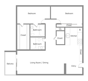 A floor plan for a 2 bedroom apartment with 2 bathrooms and a living room/dining area.