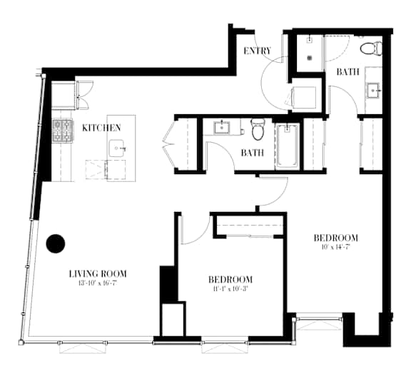 A floor plan of a two bedroom apartment with a living room, kitchen and two bathrooms.