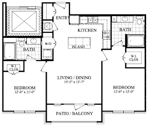A floor plan of a living space with two bedrooms and two bathrooms.