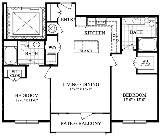 A floor plan of a living space with two bedrooms and two bathrooms.