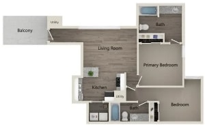 a furnished floor plan with a bedroom and a living room