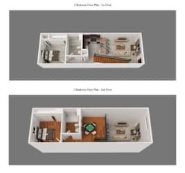 Two floor plan of a house with a kitchen, living room and bathroom.