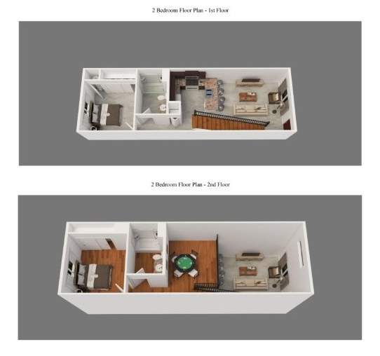 Two floor plan of a house with a kitchen, living room and bathroom.