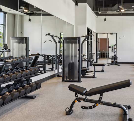 the gym with cardio equipment and weights in a building with windows