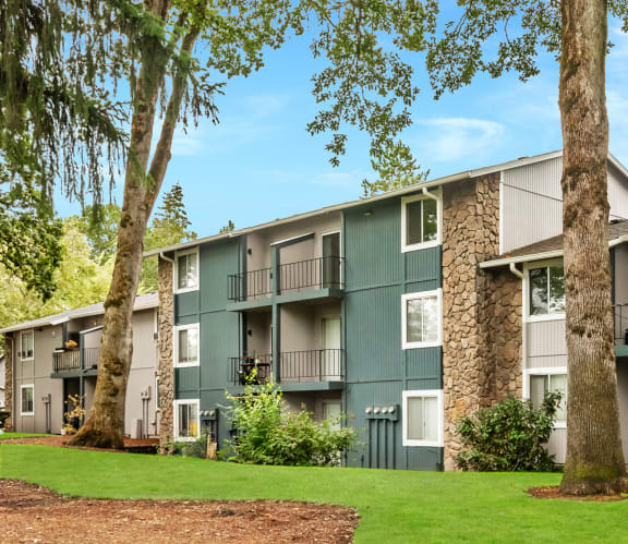 Patios and decks at Cornell Woods apartments overlooking green space with trees