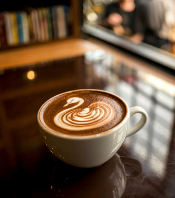 A cup of coffee with a latte art design on top sits on a table in a cafe.