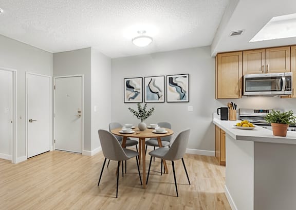 a kitchen with black cabinets and stainless steel appliances and a white counter top