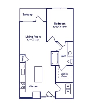 1 bedroom 1 bath floorplan. entry open to l-shaped kitchen with island. w/d in kitchen. bath with linen closet opens to kitchen and also connected to bedroom. Walk-in closet in bathroom.Balcony entrance off of living room.