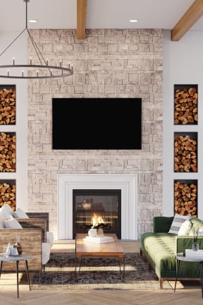 a rendering of a living room with a fireplace and a tv above it