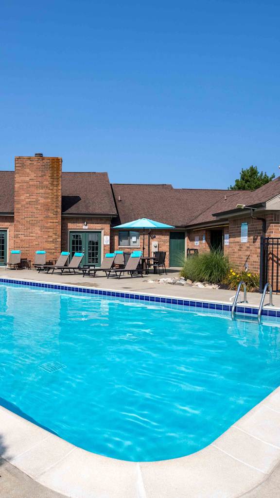 Clear blue pool at Pine Ridge Apartments, Rochester Hills, Michigan