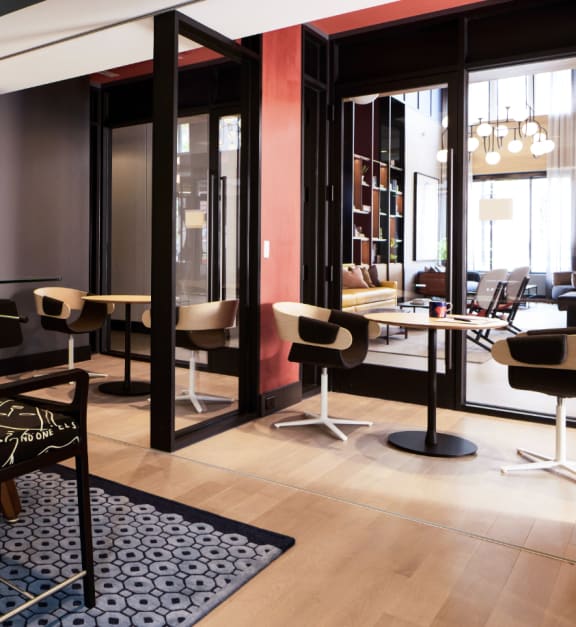 the lobby with chairs and couches