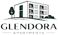 The image is a logo for Glendora Apartments, featuring a stylized building and a tree.
