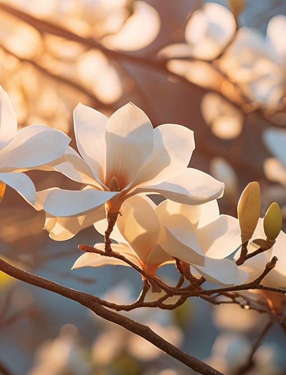 a close up of white magnolia flowers on a tree