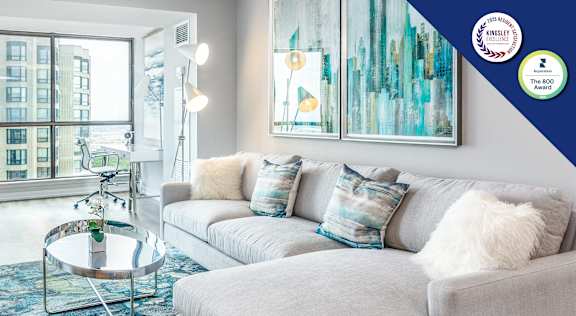 A living room with a grey couch and a blue rug.