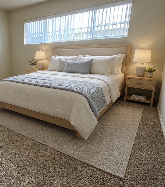 A well-lit bedroom with a large bed and a painting on the wall.