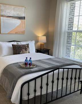 a bedroom with a bed and two windows