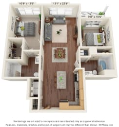 2 bed 2 bath floor plan  at Preserve at Peachtree Shoals 55+ Apartments, Dacula, GA