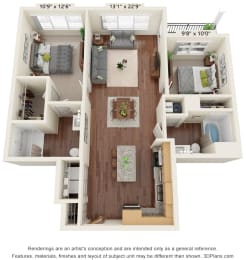2 bed 2 bath floor plan D at Preserve at Peachtree Shoals 55+ Apartments, Georgia, 30019